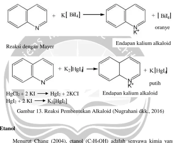 Gambar 13. Reaksi Pembentukan Alkaloid (Nugrahani dkk., 2016)  E. Etanol 