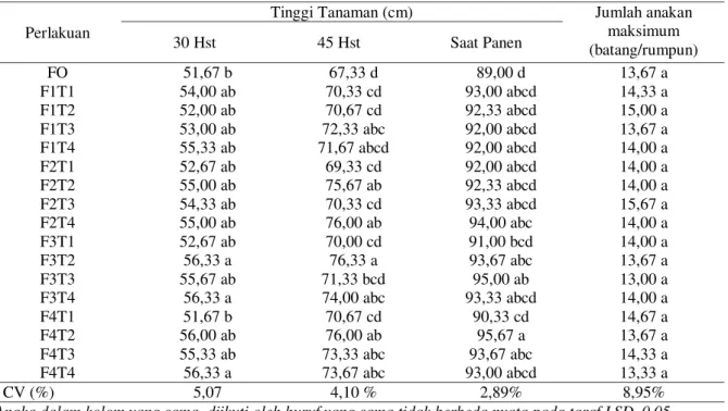 Tabel  4.  Pengaruh  pemberian  bahan  pembenah  tanah  terhadap  tinggi  dan  jumlah  anakan  maksimum  padi  sawah  pada lahan sawah berproduktivitas rendah Typic Hapludults Kabupaten Sijunjung, Sungai Langsek, 2015 