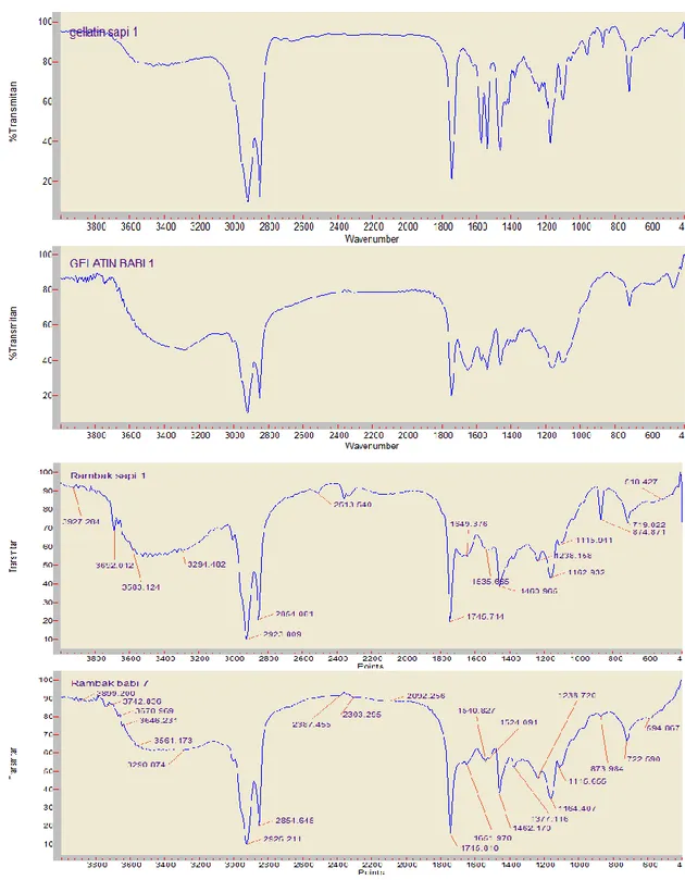 Gambar 4.5. Perbandingan puncak-puncak spektra FTIR satu sampel gelatin yang berbeda  dengan sampel gelatin yang lain terhadap rambak sapi dan babi (kusumastuti,  dkk, 2011)