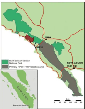 Gambar 1. Peta lokasi eksplorasi di Taman Nasional Bukit Barisan Selatan, Kabupaten Lampung Barat,  Lampung (Sumber: http://www.metagini.com)