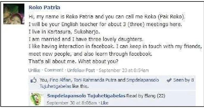 Gambar 3. Status Facebook Group tentang “Self Introduction” 