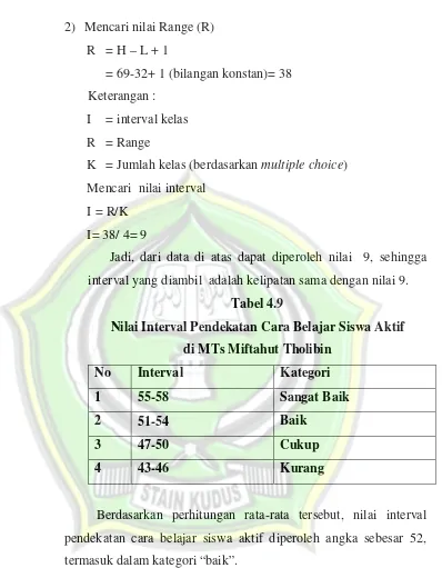 Tabel 4.9 Nilai Interval Pendekatan Cara Belajar Siswa Aktif 