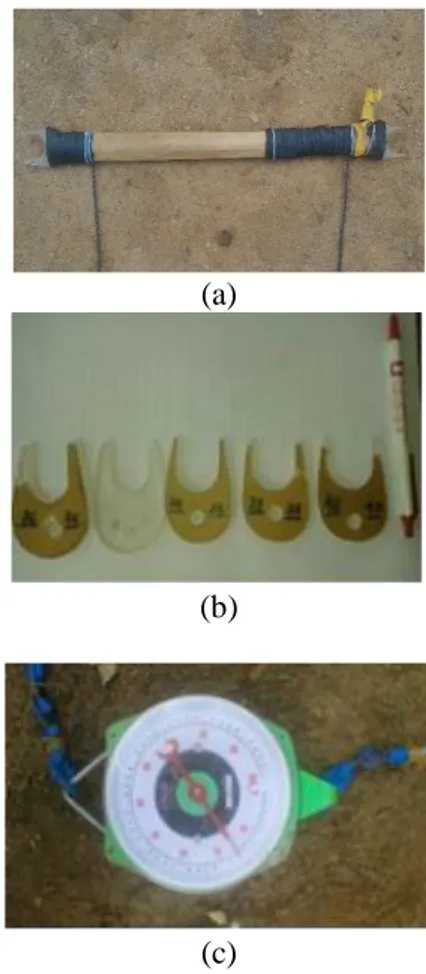 Gambar 1. alat yang digunakan untuk pengukuran lebar  buah.  Keterangan  :  a)  alat  skim  yang  digunakan tenaga kerja; b) alat skim polos;  c) timbangan gantung
