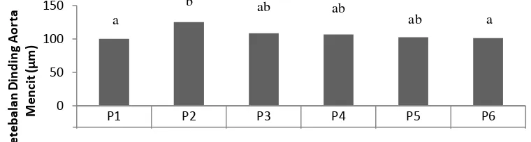 Gambar 9. Ketebalan Dinding Aorta Mencit. P1= K, P2= DKT, P3=      DKT+L25%, P4= DKT+L50%, P5= DKT+L75%, P6=      DKT+L100%
