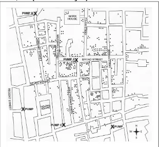 Figure 1.1 Spot map of deaths from cholera in Golden Square area, London, 1854 (redrawn from original) 