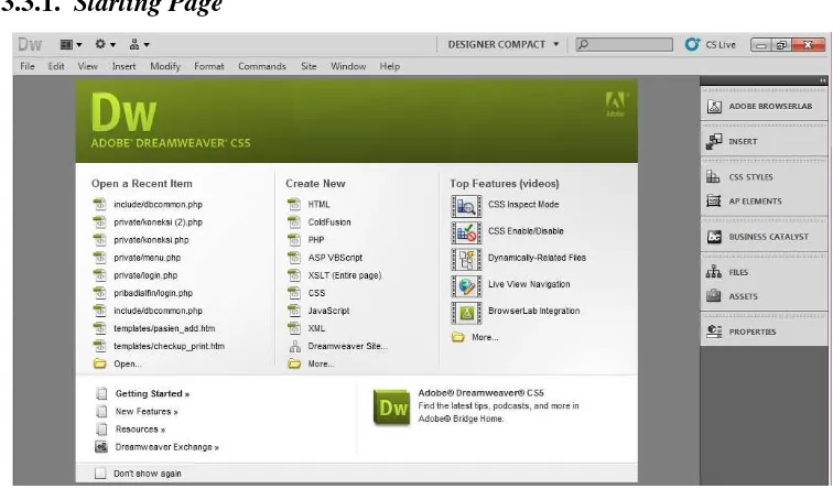 Gambar 2.2. Tampilan Starting Page pada Adobe Dreamweaver 
