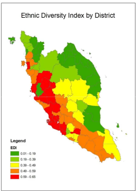 Figure 4:  Ethnic diversity index, Peninsular Malaysia, 2000 (District Level)  Source: Department of Statistics Malaysia (2012); Economic Planning Unit (2001)  