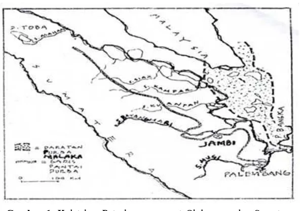 Gambar 1. Keletakan Peta kuno menurut Obdeyn , pulau Sumatera lebih tipis bagian Timurnya dari sekarang, sedangkan pulau-pulau di bawah Singapura sampai pulau Bangka menjadi satu dengan Semenanjung Malaka (Daldjoeni 1984, 43)