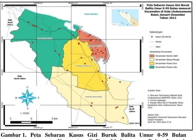 Gambar 1.   Peta  Sebaran  Kasus  Gizi  Buruk  Balita  Umur  0-59  Bulan  menurut    Kecamatan  di  Kota  Lhokseumawe  Bulan  Januari-  Desember Tahun 2012 