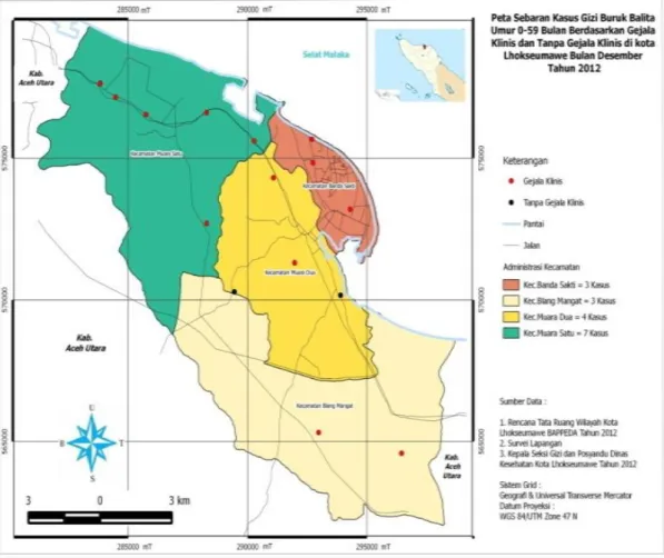 Gambar  2.    Peta  Sebaran  Kasus  Gizi  Buruk  Berdasarkan  Kriteria  Gejala  Klinis  dan  Tanpa  Gejala  Klinis  di  Kota  Lhokseumawe Bulan Desember Tahun 2012 
