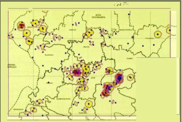 Gambar  1. Sebaran  Leptospirosis  dan  Cluster tahun  2011 di Kabupaten  Bantul.  