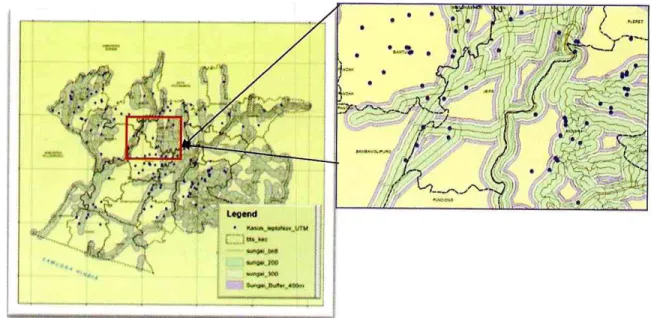 Gambar  5. Sebaran  Kasus  Leptospirosis  dan  Sungai  di Kabupaten  Bantul   Sungai  kecil  di  Kabupaten  Bantul  