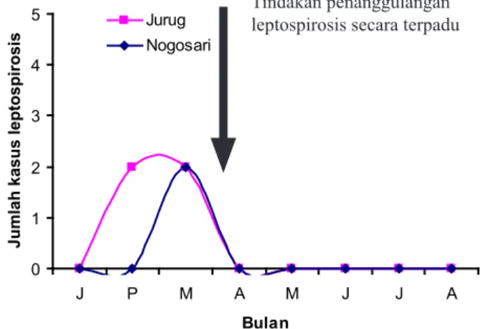Gambar  3.  Fluktuasi  kasus  leptospirosis  dan  intervensi  di  daerah  studi  (Dusun  Jurug dan Nogosari), 201l