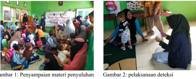 Gambar 1: Penyampaian materi penyuluhan  Gambar 2: pelaksanaan deteksi  perkembangan 