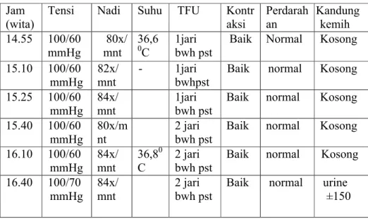 Tabel 13. Hasil observasi ibu 2 jam post partum Jam 