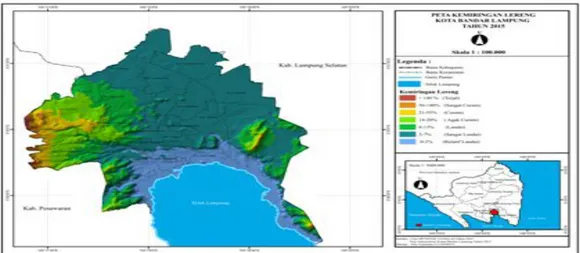 Gambar 4. Peta kemiringan lereng Kota Bandar Lampung Tahun 2015.  Kota  Bandar  Lampung  memiliki 