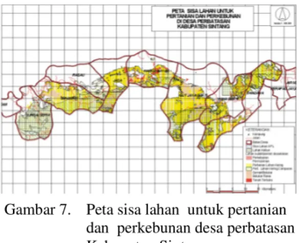 Gambar 7.  Peta sisa lahan  untuk pertanian  dan  perkebunan desa perbatasan  Kabupaten Sintang 