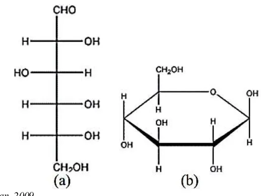 Gambar 2.2 a. Struktur glukosa rantai lurus, b. Struktur glukosa berbentuk cincin 