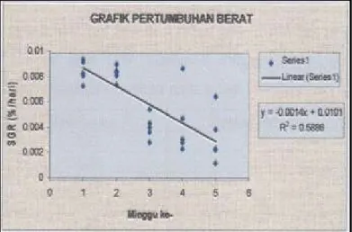 Grafik hubungan antara waktu pengamatan dengan laju pertumbuhan (SGR) berat  ikan mas pada perlakuan B dapat dilihat pada Gambar 2 berikut: 