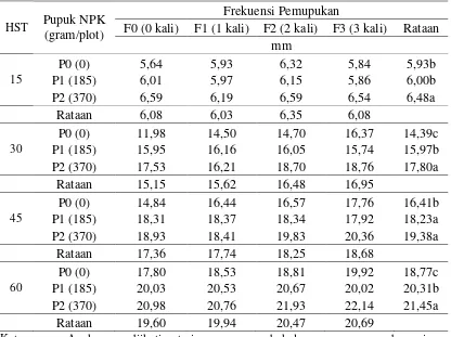 Tabel 2. Diameter batang jagung pada umur 15, 30, 45, 45 HST pada 4 taraf frekuensi pemupukan POC dan 3 dosis pemupukan NPK  