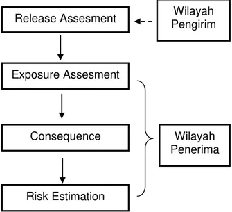 Gambar 1. Tahapan penilaian analisis risiko  Release Assesment  Exposure Assesment  Consequence  Assesment  Risk Estimation  Wilayah  Penerima Wilayah Pengirim 