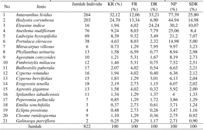 Tabel 2. Struktur Gulma pada Tanaman Buah Naga Merah pada Jenis Tanah Tidak Berpasir  No  Jenis  Jumlah Individu  KR (%)  FR  