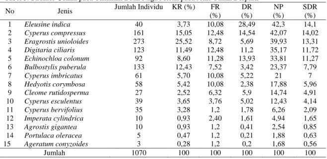 Tabel 3. Struktur Gulma pada Tanaman Buah Naga Merah pada Jenis Tanah Berpasir    No  Jenis  Jumlah Individu  KR (%)  FR  