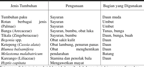 Tabel 6.  Beberapa Jenis Tumbuhan yang Dimanfaatkan oleh Masyarakat Dusun Pampli  sebagai Sayuran dan Obat-Obatan 