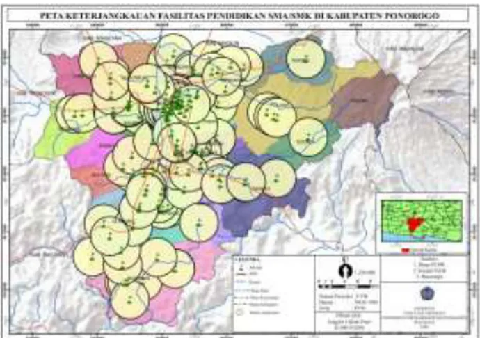 Gambar 3  Peta Keterjangkauan fasilitas pendidikan SMA/SMK di Kabupaten  Ponorogo 
