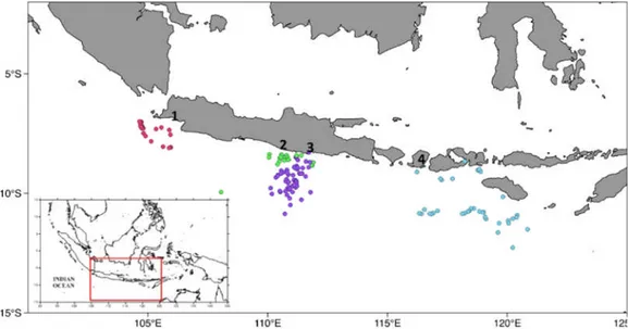 Gambar 1. Lokasi pengumpulan sampel otolith ikan cakalang (K. pelamis) di sepanjang Samudra Hindia (WPP NRI-573) (1) Binuangeun, (2) Sadeng, (3) Prigi, dan (4) Labuhan Lombok