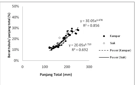 Gambar 2. Grafik hubungan antara panjang total  dan berat ikan selais  Ompok sp  dari Sungai Kampar dan Siak