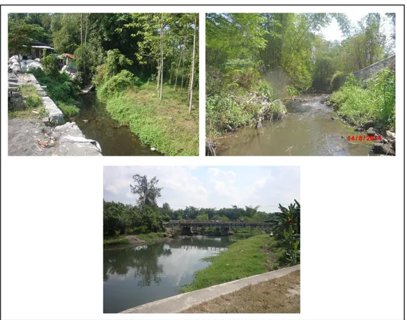 Gambar 3.  Bagian Tengah Sungai Gadjah Wong, Kiri: Titik Sampling 1, tampak hunian warga 