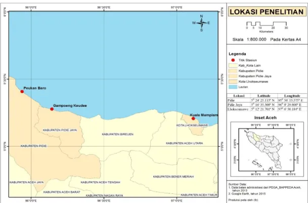 Gambar 1. Peta Pantai Utara Aceh (bulatan merah adalah lokasi sampling) 