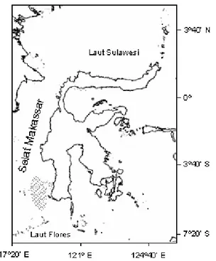 Gambar 1. Lokasi contoh ikan terbang Hirundicthys oxycephalus dan Cheilopogon cyanopterus di perairan Takalar (diarsir), Selat Makassar, tahun 2005.