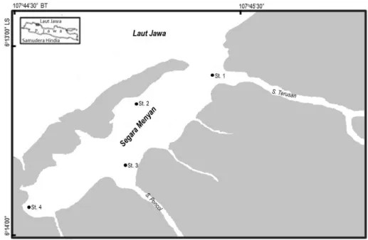 Gambar 1. Peta lokasi penelitian, Segara Menyan. 1-4 = stasiun pengambilan contoh 