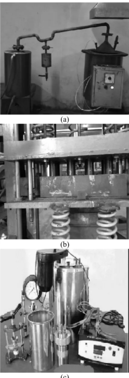Gambar 1.  Peralatan penelitian yang terdiri dari (a)  alat karbonisasi, (b) mesin press, (c) kalorimeter  bom