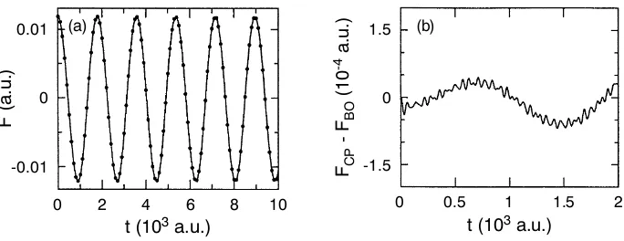 Figure 4. (a) Comparison of the x–component of the force acting on one atom of a model systemobtained from Car–Parrinello (solid line) and well–converged Born–Oppenheimer (dots) moleculardynamics