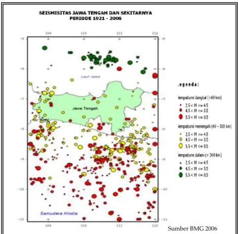 Gambar  5. Peta distribusi gempa /seismisitas Jawa Tengah dan sekitarnya 