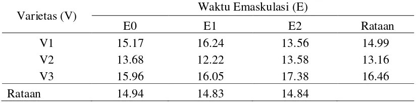 Tabel 8 Rataan berat bersih tongkol (g) pada perlakuan varietas, waktu emaskulasi dan Interaksi 