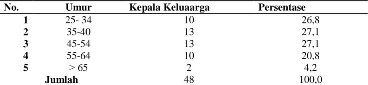 Tabel    1.      Komposisi  Umur  Kepala  Keluarga  Pemulung  di  Kelurahan  Kali  Balau  Kencana Kecamatanan Kedamaian Kota Bandar Lampung Tahun 2017