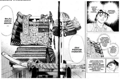 Gambar yang Menunjukkan Kesiapan Hati Yoritomo sebagai Pemimpin Klan Genji melalui Baju zirah Genta dan pedang Higekiri pada Komik Shanaou Yoshitsune
