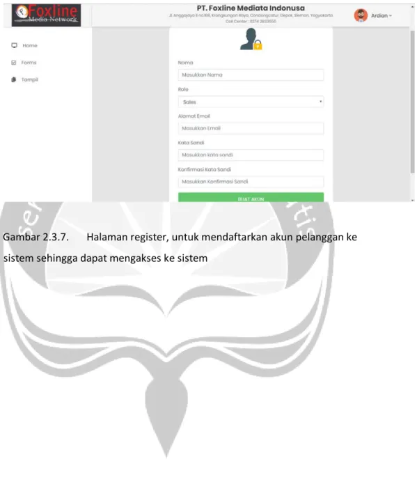 Gambar 2.3.7.  Halaman register, untuk mendaftarkan akun pelanggan ke  sistem sehingga dapat mengakses ke sistem 