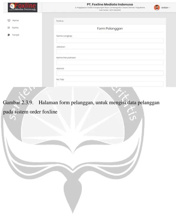 Gambar 2.3.9.  Halaman form pelanggan, untuk mengisi data pelanggan  pada sistem order foxline 
