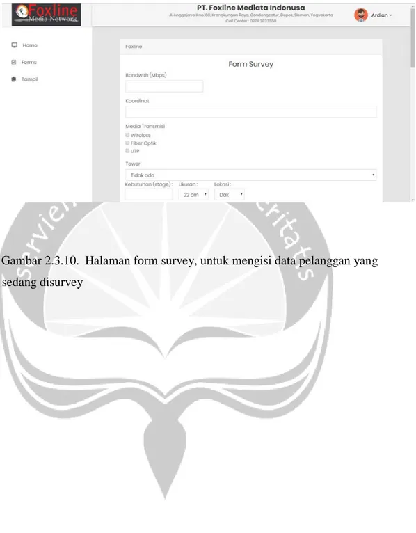 Gambar 2.3.10.  Halaman form survey, untuk mengisi data pelanggan yang  sedang disurvey 