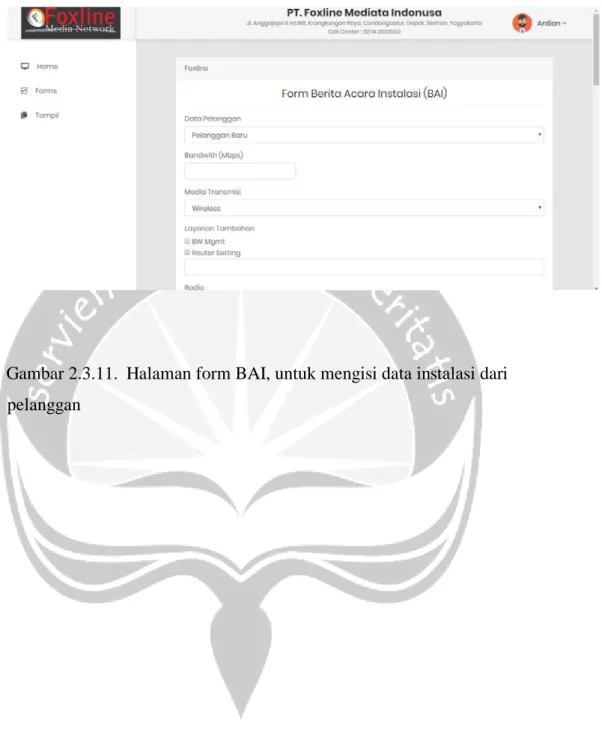 Gambar 2.3.11.  Halaman form BAI, untuk mengisi data instalasi dari  pelanggan 
