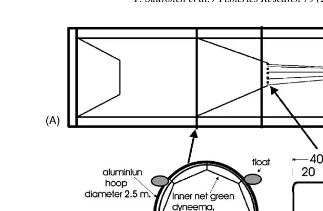 Fig. 9. General construction principles of a seal-safe ﬁsh bag using hoops to keep the two layers of netting under tension and separated (modiﬁed from theG-model)