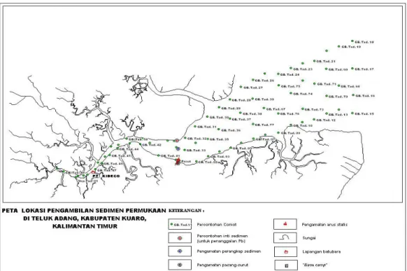 Gambar  2. Peta lokasi contoh-contoh sedimen Sungai Kuaro dan Teluk Adang, peta juga  memperlihatkan lokasi-lokasi pengukuran pasut, arus dan perangkap sedimen.