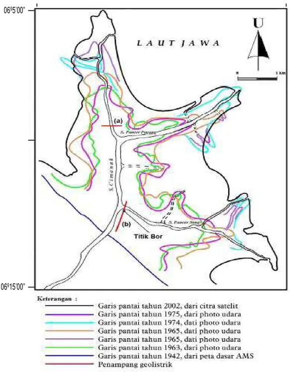 Gambar 2.  Perubahan  garis pantai  Indramayu  dan  sekitarnya   (Hehanusa dkk, 1976 dan1980 dalam Astjario dan Astawa,  2002).