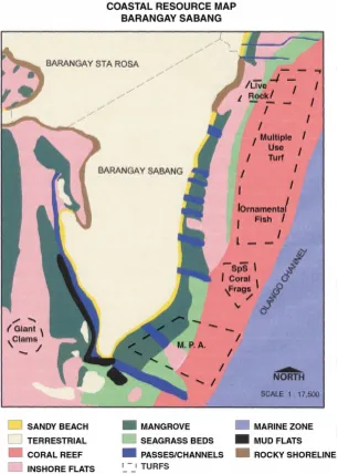 Figure 2. Marine resource map of Barangay Sabang on Olango Island depicting hypotheticallocations of a marine protected area, a TURF for collecting ornamental ﬁsh, and TURFs for theculture of gaint clams, coral fragments, and live rock