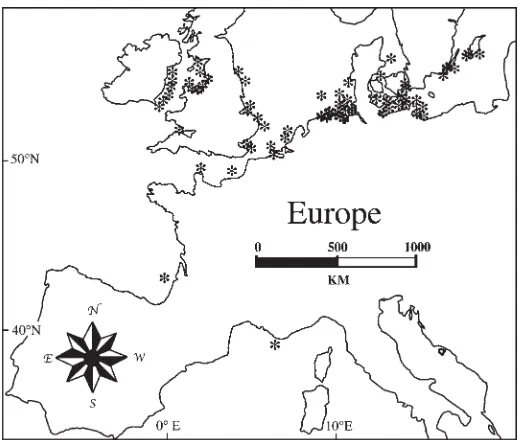 Figure 1. Stars indicate sites of planned, projected, and operationaloffshore wind farms in the European Union (2002) according to theEuropean Wind Energy Association.